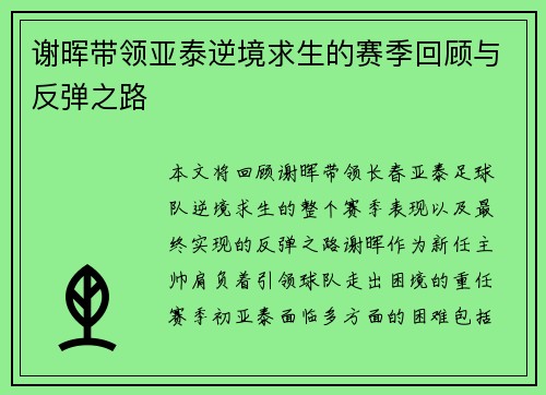 谢晖带领亚泰逆境求生的赛季回顾与反弹之路