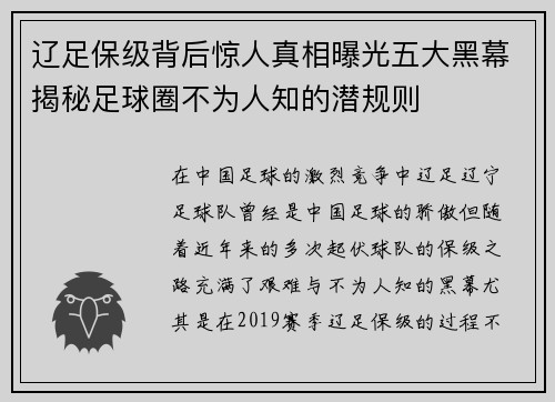 辽足保级背后惊人真相曝光五大黑幕揭秘足球圈不为人知的潜规则